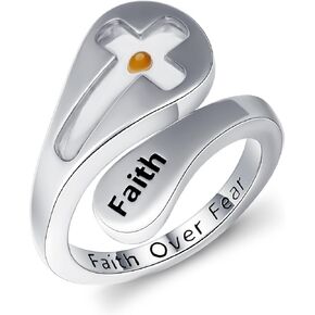 Faith Rings 925 Sterling Silver Mustard Seed Ring Faith over Fear Rings Cross Ring for Women