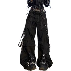 Women Vintage Goth Hip Hop Jeans Punk High Waisted Baggy Bootcut Jeans Strap Chain Striped Wide Leg Denim Pants