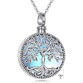 ONEFINITY Tree of Life Urn Necklace for Ashes Sterling Silver Round Moonstone Cremation Necklace for Ashes Keepsake Memory Jewelry for Women Men