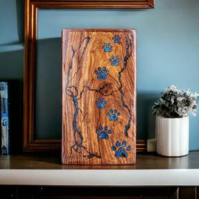 Blake's Creations | Lichtenberg Paw Print Wooden Pet Urn Box: Handcrafted Memorial with Blue Epoxy Fill - Cherished Remembrance for Beloved Pets (Small (110 CU/in)), Brown