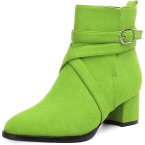 NUMALEO Womens Buckle Outdoor Suede Casual Round Toe Chunky Low Heel Ankle High Boots 2 Inch