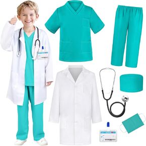 Doctor Costume for Kids Scrubs Real Stethoscope Lab Coat Halloween Costumes Career Day Costume For Kids Girls 3-12