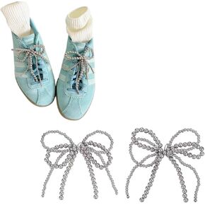 2 pcs Pears Shoes Charms for Sneakers, Shoelace Charms, Pearls Bowknot Decoration Charms Shoe Accessories (Silvery)