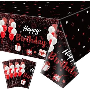 Plastic 4 Pack Black-Red Birthday Tablecloth, 51x87'' Rectangular Waterproof Disposable Table Covers for Women Girls Party Decorations