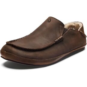 OluKai Moloa Slipper Men's Slippers, Premium Nubuck Leather Slip On Shoes, Shearling Lining & Gel Insert, Drop-In Heel