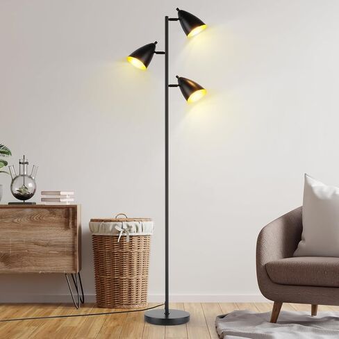 Tree Floor Lamp for Living Room, Industrial 3-Light Standing Lamp with 3 LED Bulbs, Adjustable Rotation Heads, Standing Tall Pole Lamp Farmhouse Rustic Reading Lamps for Bedroom Office (Black Gold) in Kuwait