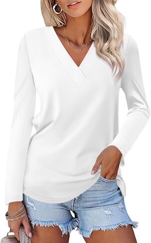 ORANDESIGNE Women's V Neck Long Sleeve Tunics Tops Fall Casual Shirts Ladies Basic Blouses Tees in Saudi Arabia