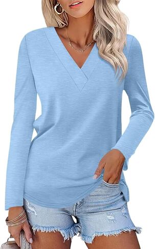 ORANDESIGNE Women's V Neck Long Sleeve Tunics Tops Fall Casual Shirts Ladies Basic Blouses Tees in Saudi Arabia