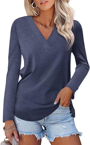 ORANDESIGNE Women's V Neck Long Sleeve Tunics Tops Fall Casual Shirts Ladies Basic Blouses Tees in Saudi Arabia
