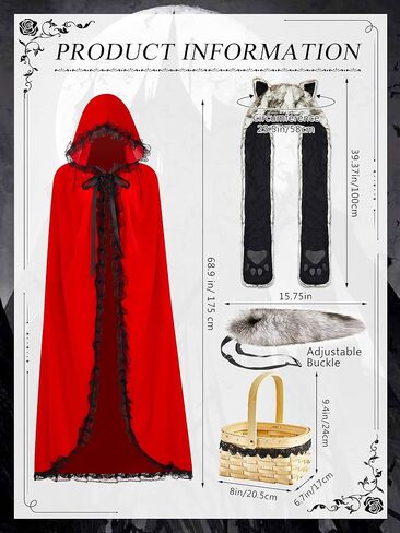 Xtinmee 5 قطع زي الهالوين للزوجين 2024 زي ذو غطاء ركوب أحمر مع سلة نزهة وزي الذئب قبعة فروي وشاح من الفرو مع ذيل مخلب للبالغين والنساء والرجال in Kuwait