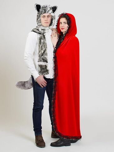 Xtinmee 5 قطع زي الهالوين للزوجين 2024 زي ذو غطاء ركوب أحمر مع سلة نزهة وزي الذئب قبعة فروي وشاح من الفرو مع ذيل مخلب للبالغين والنساء والرجال in Kuwait
