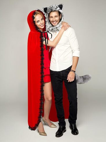 Xtinmee 5 قطع زي الهالوين للزوجين 2024 زي ذو غطاء ركوب أحمر مع سلة نزهة وزي الذئب قبعة فروي وشاح من الفرو مع ذيل مخلب للبالغين والنساء والرجال in Kuwait