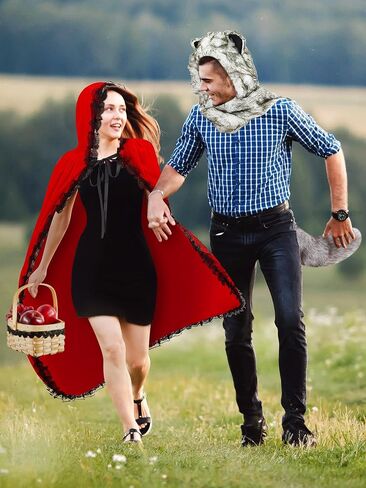 Xtinmee 5 قطع زي الهالوين للزوجين 2024 زي ذو غطاء ركوب أحمر مع سلة نزهة وزي الذئب قبعة فروي وشاح من الفرو مع ذيل مخلب للبالغين والنساء والرجال in Kuwait