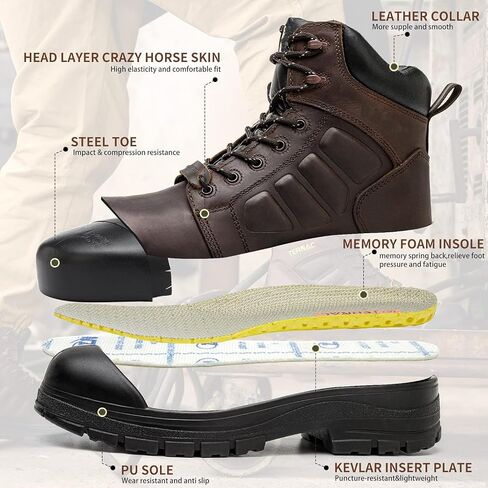 Slip on Work Boots for Men Waterproof, 6" Oiled Full Grain Leather Steel Toe Boots Breathable, Comfortable Outdoor Lightweight Mens Work Boots in Kuwait