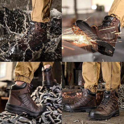 Slip on Work Boots for Men Waterproof, 6" Oiled Full Grain Leather Steel Toe Boots Breathable, Comfortable Outdoor Lightweight Mens Work Boots in Kuwait