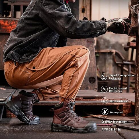 Slip on Work Boots for Men Waterproof, 6" Oiled Full Grain Leather Steel Toe Boots Breathable, Comfortable Outdoor Lightweight Mens Work Boots in Kuwait