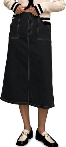 Denim Skirt Women High Waisted Long Jean Skirt Back Split Stretchy Denim Skirt with Pockets in Saudi Arabia