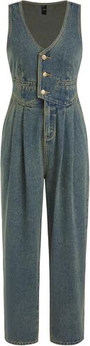 CIDER Women's Denim V-neck Belted Straight Leg Jumpsuit in Saudi Arabia