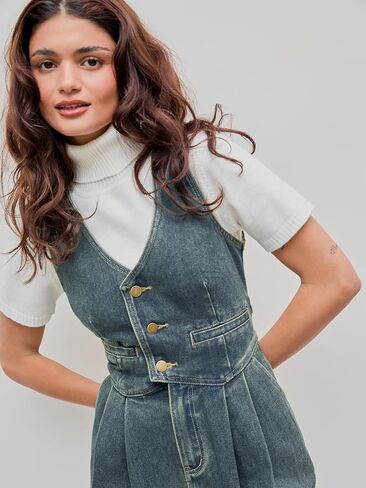 CIDER Women's Denim V-neck Belted Straight Leg Jumpsuit in Saudi Arabia