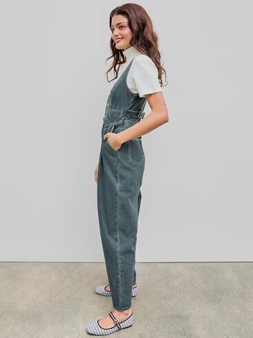 CIDER Women's Denim V-neck Belted Straight Leg Jumpsuit in Saudi Arabia