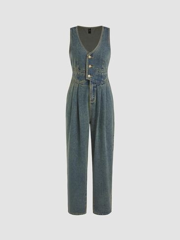 CIDER Women's Denim V-neck Belted Straight Leg Jumpsuit in Saudi Arabia
