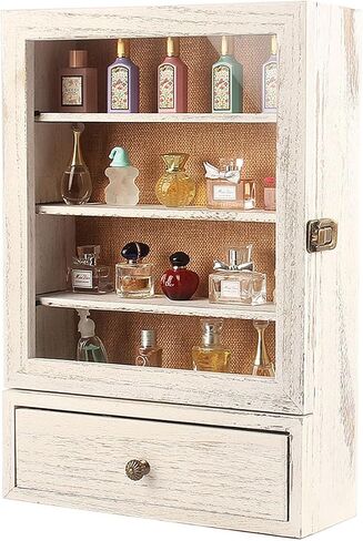 منظم عطور مقاس 11 × 16 بوصة مع علبة عرض درج للتخزين إطار صندوق ظلال خشبي مع أرفف قابلة للتعديل للعطور ومستحضرات التجميل وكؤوس الطلقات وكبسولة القهوة (أبيض متعثر) in Saudi Arabia