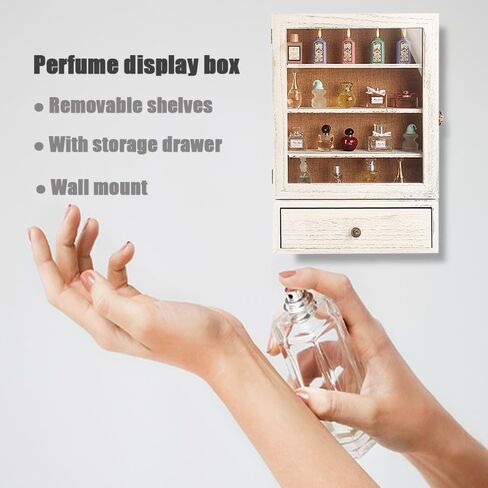 منظم عطور مقاس 11 × 16 بوصة مع علبة عرض درج للتخزين إطار صندوق ظلال خشبي مع أرفف قابلة للتعديل للعطور ومستحضرات التجميل وكؤوس الطلقات وكبسولة القهوة (أبيض متعثر) in Saudi Arabia