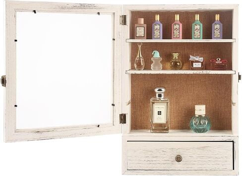 منظم عطور مقاس 11 × 16 بوصة مع علبة عرض درج للتخزين إطار صندوق ظلال خشبي مع أرفف قابلة للتعديل للعطور ومستحضرات التجميل وكؤوس الطلقات وكبسولة القهوة (أبيض متعثر) in Saudi Arabia