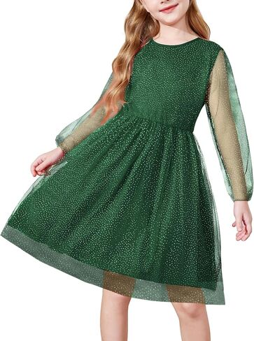 Arshiner Girls Mesh Dress Long Sleeve Tulle Sparkle Glitter Polka Dot Party Holiday Dresses Kids Clothes in Kuwait