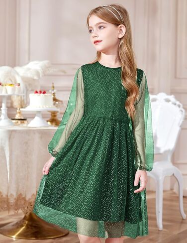Arshiner Girls Mesh Dress Long Sleeve Tulle Sparkle Glitter Polka Dot Party Holiday Dresses Kids Clothes in Kuwait