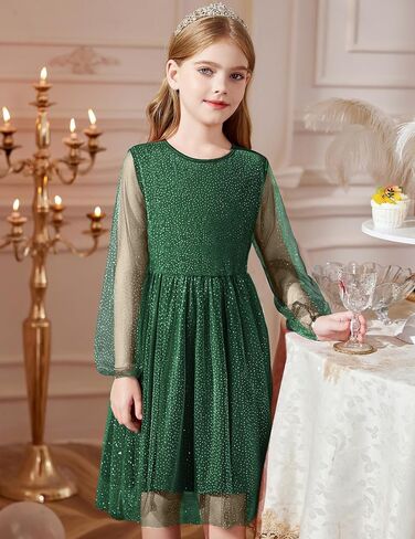 Arshiner Girls Mesh Dress Long Sleeve Tulle Sparkle Glitter Polka Dot Party Holiday Dresses Kids Clothes in Kuwait