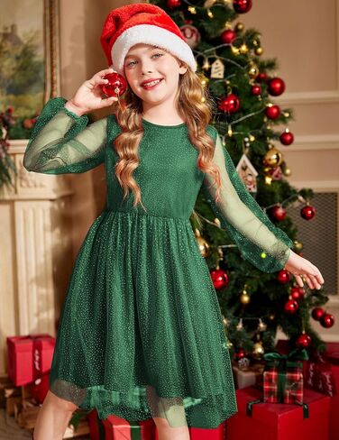 Arshiner Girls Mesh Dress Long Sleeve Tulle Sparkle Glitter Polka Dot Party Holiday Dresses Kids Clothes in Kuwait