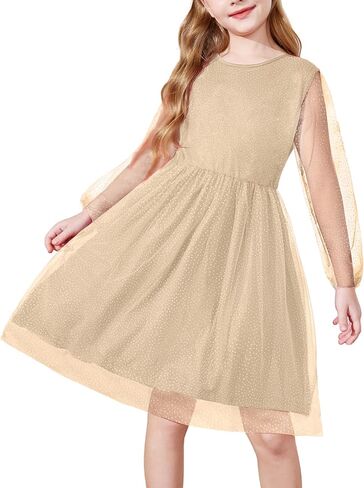 Arshiner Girls Mesh Dress Long Sleeve Tulle Sparkle Glitter Polka Dot Party Holiday Dresses Kids Clothes in Kuwait