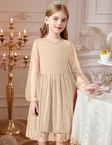 Arshiner Girls Mesh Dress Long Sleeve Tulle Sparkle Glitter Polka Dot Party Holiday Dresses Kids Clothes in Kuwait
