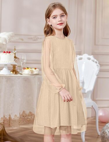Arshiner Girls Mesh Dress Long Sleeve Tulle Sparkle Glitter Polka Dot Party Holiday Dresses Kids Clothes in Kuwait