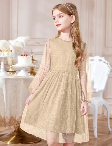 Arshiner Girls Mesh Dress Long Sleeve Tulle Sparkle Glitter Polka Dot Party Holiday Dresses Kids Clothes in Kuwait