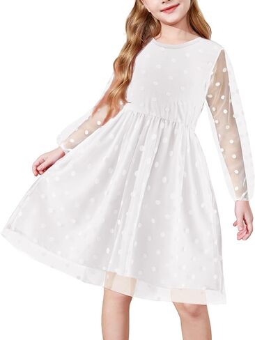 Arshiner Girls Mesh Dress Long Sleeve Tulle Sparkle Glitter Polka Dot Party Holiday Dresses Kids Clothes in Kuwait