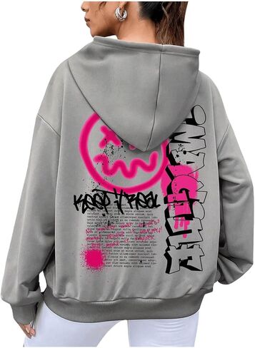 SweatyRocks Women's Drawstring Sweatshirts Letter Graphic Long Sleeve Drop Shoulder Pullover Hoodie in Saudi Arabia
