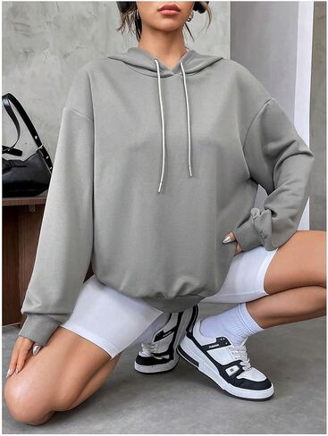 SweatyRocks Women's Drawstring Sweatshirts Letter Graphic Long Sleeve Drop Shoulder Pullover Hoodie in Saudi Arabia