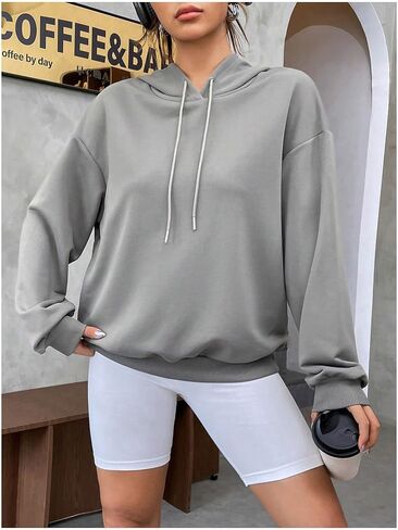 SweatyRocks Women's Drawstring Sweatshirts Letter Graphic Long Sleeve Drop Shoulder Pullover Hoodie in Saudi Arabia