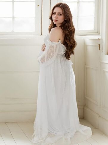 Maternity Dress for Photo Shoot-Lace Maternity Gown for Baby Shower, Photography Long Puff Sleeve in Kuwait
