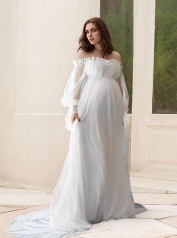 Maternity Dress for Photo Shoot-Lace Maternity Gown for Baby Shower, Photography Long Puff Sleeve in Kuwait