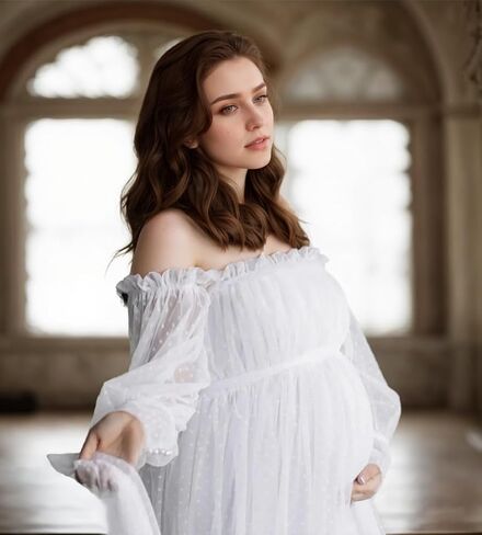 Maternity Dress for Photo Shoot-Lace Maternity Gown for Baby Shower, Photography Long Puff Sleeve in Kuwait