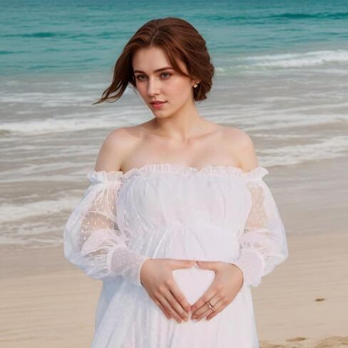 Maternity Dress for Photo Shoot-Lace Maternity Gown for Baby Shower, Photography Long Puff Sleeve in Kuwait