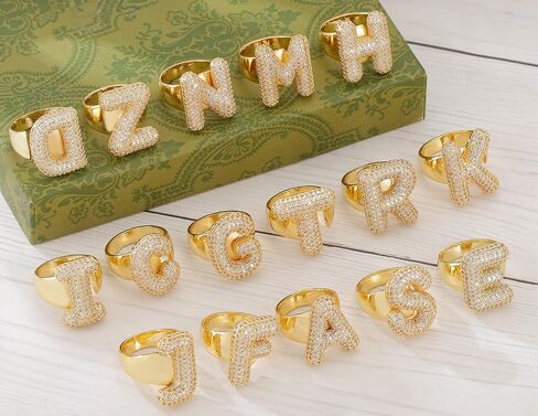 Bubble Initial Rings for Women Bubble Letter Ring Balloon Letters Ring Puff Letter A-Z Chunky Gold Rings 14K Gold Filled CZ Paved Alphabet Letter Ring in Saudi Arabia