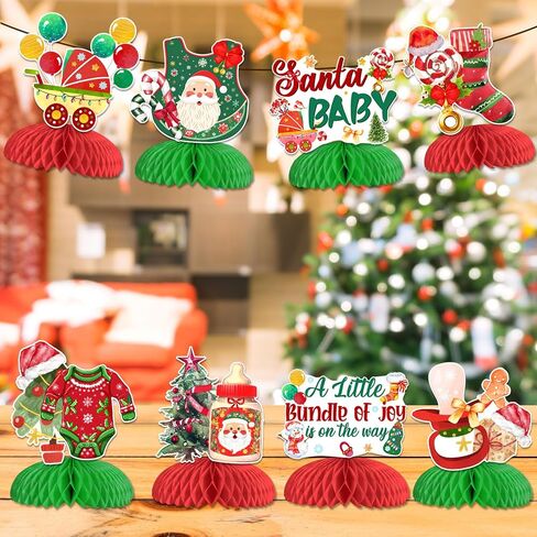 Christmas Honeycomb Centerpieces, 8Pcs Christmas Baby Shower Decorations for Table, Santa Baby A Little Bundle of Joy Is On The Way Girl Boy Honeycomb for Xmas Party Decorations Indoor in Saudi Arabia