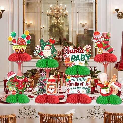 Christmas Honeycomb Centerpieces, 8Pcs Christmas Baby Shower Decorations for Table, Santa Baby A Little Bundle of Joy Is On The Way Girl Boy Honeycomb for Xmas Party Decorations Indoor in Saudi Arabia