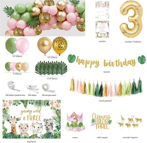 Young Wild & Three Birthday Decorations Supplies, Wild Three Birthday Decorations for Girl, Jungle Safari Animal 3rd Birthday Decorations Girl in Kuwait