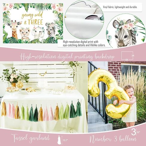 Young Wild & Three Birthday Decorations Supplies, Wild Three Birthday Decorations for Girl, Jungle Safari Animal 3rd Birthday Decorations Girl in Kuwait