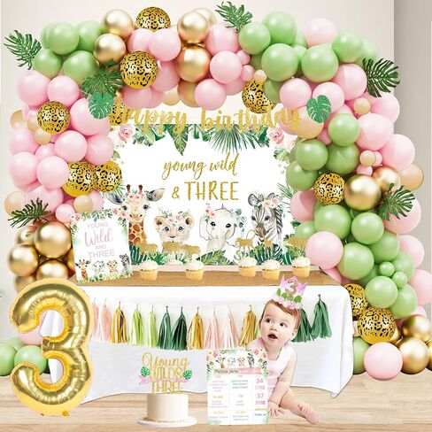Young Wild & Three Birthday Decorations Supplies, Wild Three Birthday Decorations for Girl, Jungle Safari Animal 3rd Birthday Decorations Girl in Kuwait